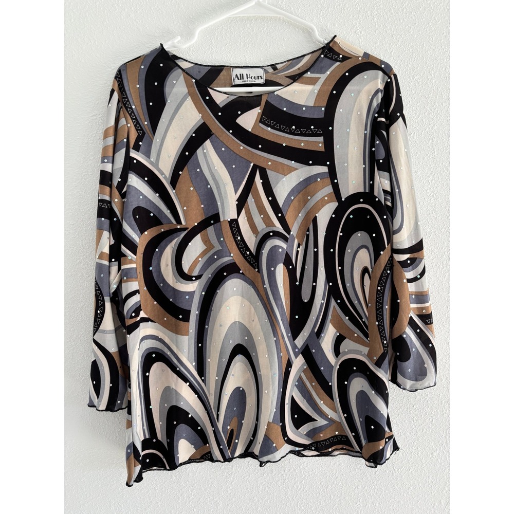 All Hours‎ Top Womens Size Medium 3/4 Sleeve Black Kaleidoscope Retro Sequin 70s